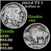 Image 1 : 1913-d TY I Buffalo Nickel 5c Grades vf+