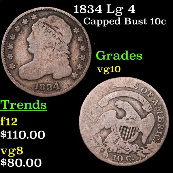 1834 Lg 4 Capped Bust Dime 10c Grades vg+