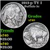 Image 1 : 1913-p TY I Buffalo Nickel 5c Grades xf