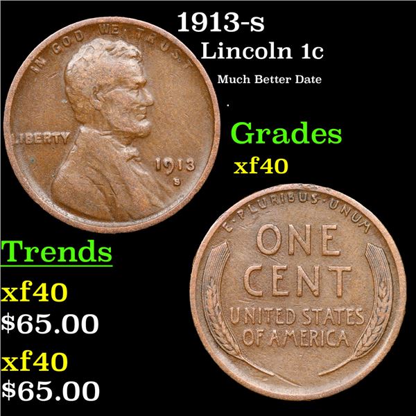 1913-s Lincoln Cent 1c Grades xf