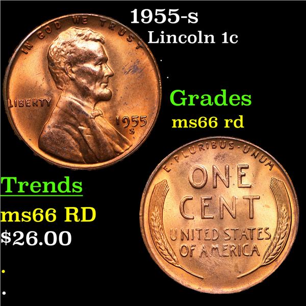 1955-s Lincoln Cent 1c Grades GEM+ Unc RD