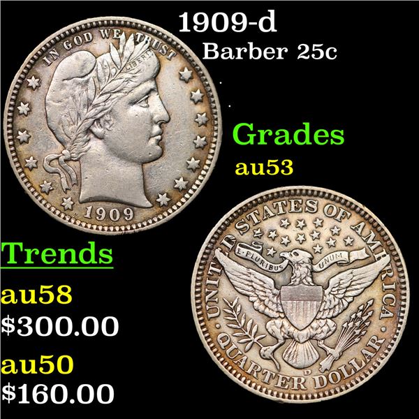 1909-d Barber Quarter 25c Grades Select AU