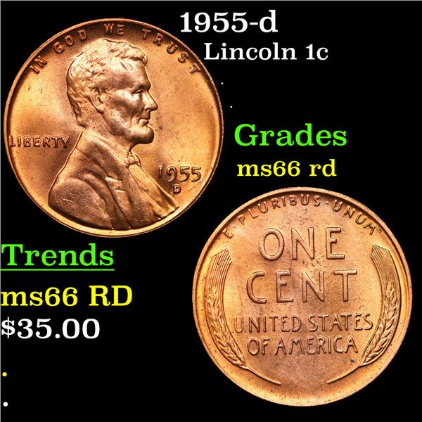 1955-d Lincoln Cent 1c Grades GEM+ Unc RD