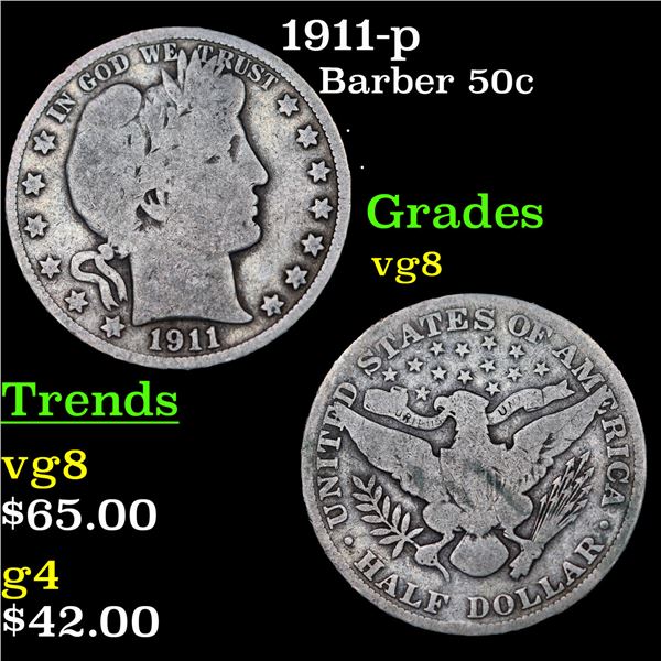 1911-p Barber Half Dollars 50c Grades vg, very good