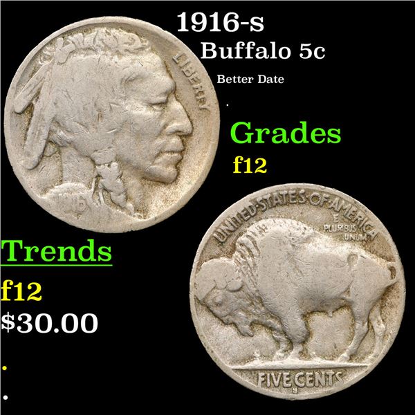 1916-s Buffalo Nickel 5c Grades f, fine