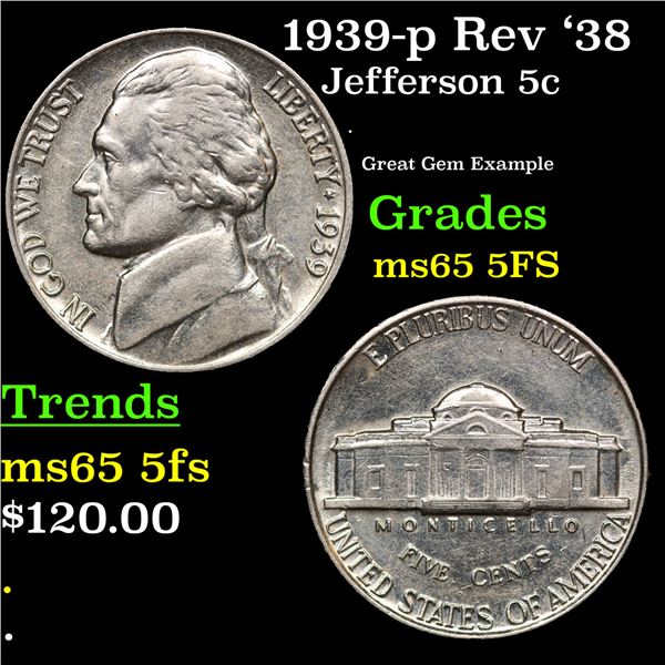 1939-p Rev '38 Jefferson Nickel 5c Grades GEM 5fs