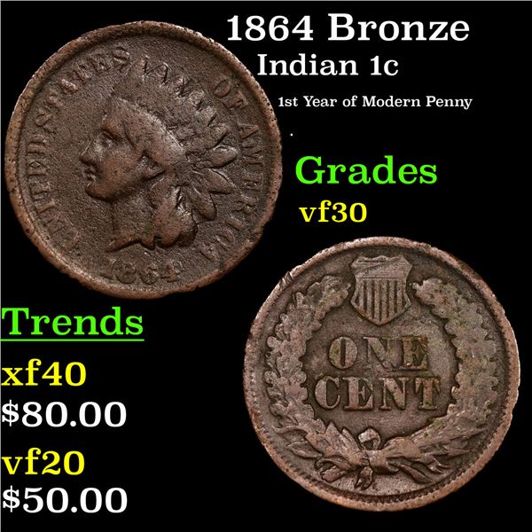 1864 Bronze Indian Cent 1c Grades vf++