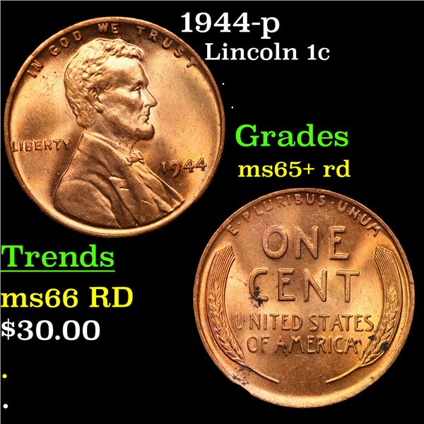 1944-p Lincoln Cent 1c Grades Gem+ Unc RD