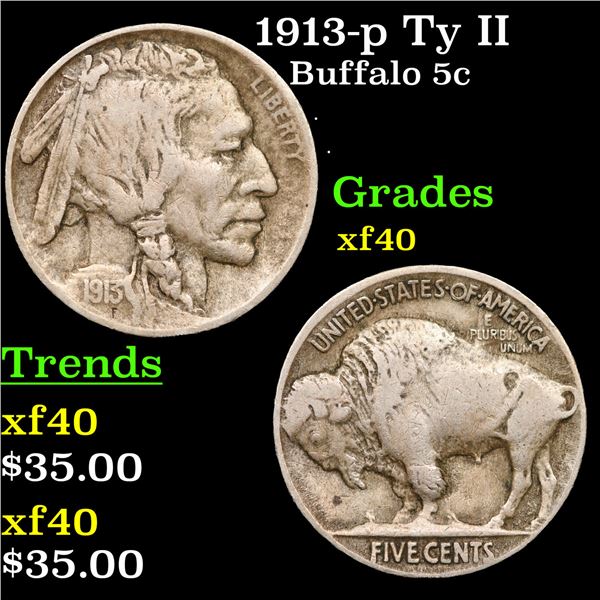 1913-p Ty II Buffalo Nickel 5c Grades xf