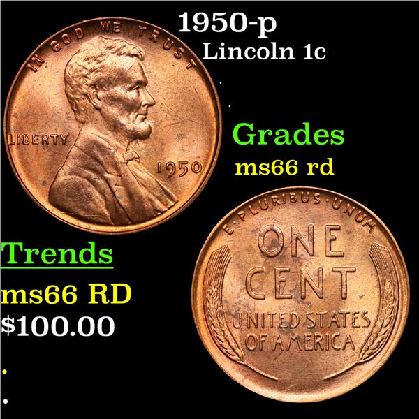 1950-p Lincoln Cent 1c Grades GEM+ Unc RD