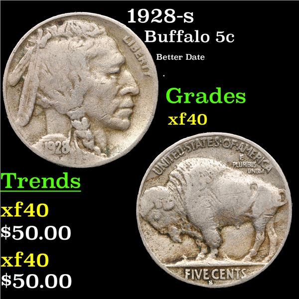 1928-s Buffalo Nickel 5c Grades xf