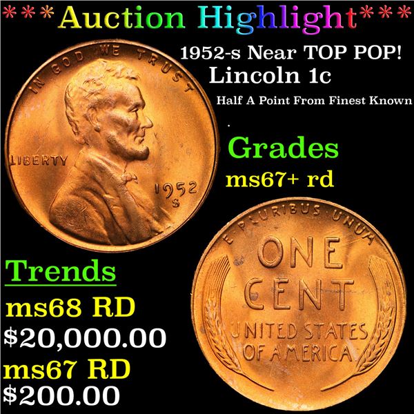 ***Auction Highlight*** 1952-s Lincoln Cent Near TOP POP! 1c Graded GEM++ RD BY USCG (fc)