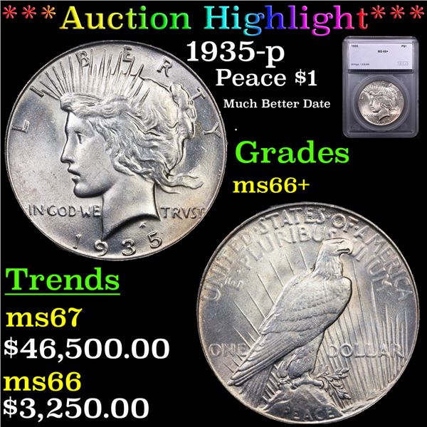 ***Auction Highlight*** 1935-p Peace Dollar $1 Graded ms66+ By SEGS (fc)