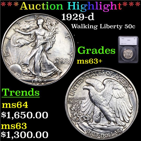 ***Auction Highlight*** 1929-d Walking Liberty Half Dollar 50c Graded ms63+ By SEGS (fc)