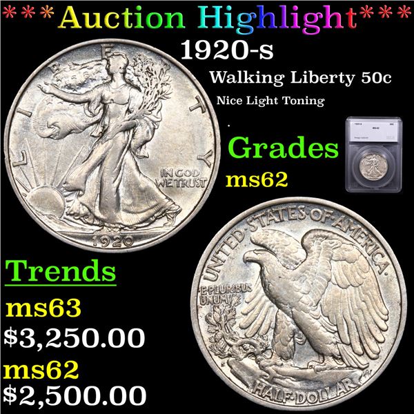 ***Auction Highlight*** 1920-s Walking Liberty Half Dollar 50c Graded ms62 By SEGS (fc)
