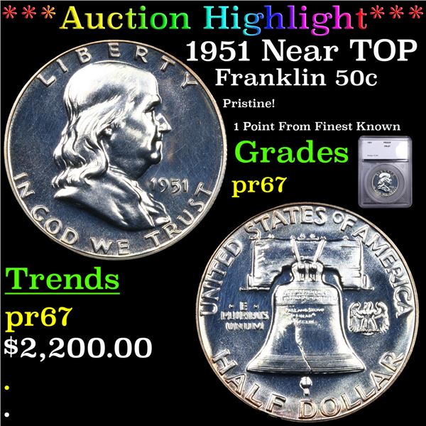 Proof ***Auction Highlight*** 1951 Franklin Half Dollar Near TOP POP! 50c Graded pr67 By SEGS (fc)