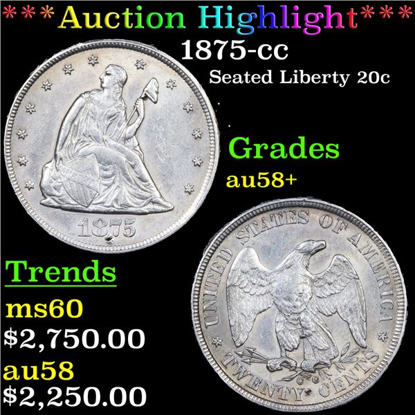 ***Auction Highlight*** 1875-cc Twenty Cent Piece 20c Graded Choice AU/BU Slider+ BY USCG (fc)