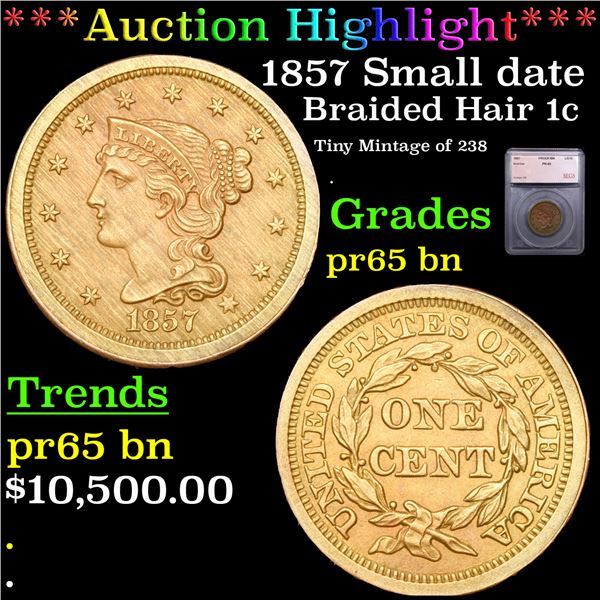 Proof ***Auction Highlight*** 1857 Small date Braided Hair Large Cent 1c Graded pr65 bn By SEGS (fc)
