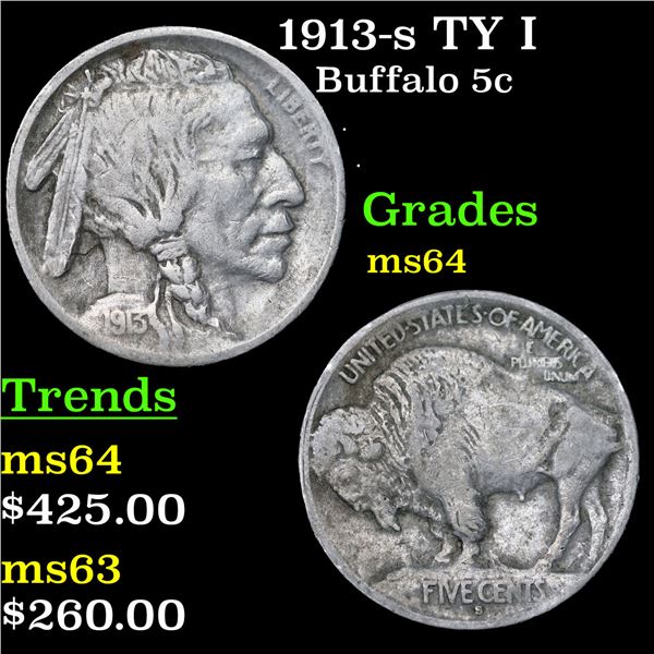 1913-s TY I Buffalo Nickel 5c Grades Choice Unc