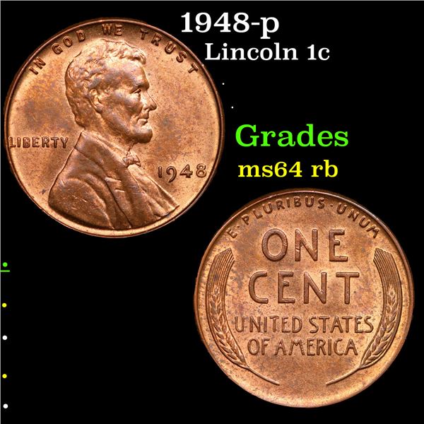 1948-p Lincoln Cent 1c Grades Choice Unc RB