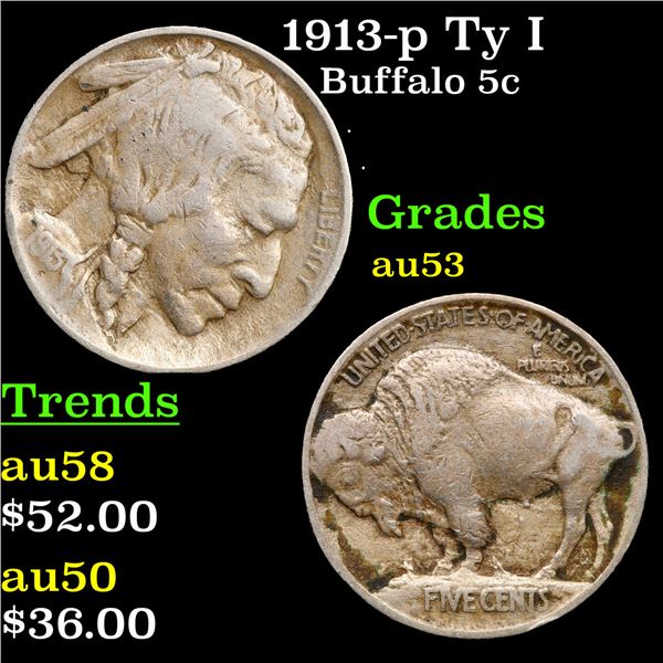 1913-p Ty I Buffalo Nickel 5c Grades Select AU