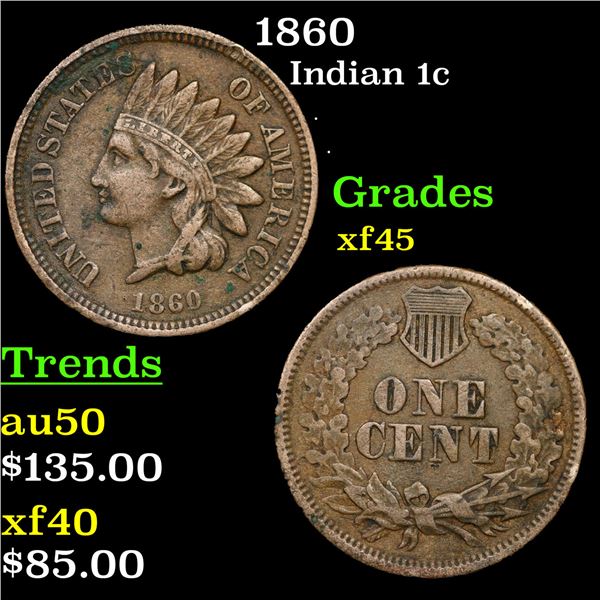 1860 Indian Cent 1c Grades xf+