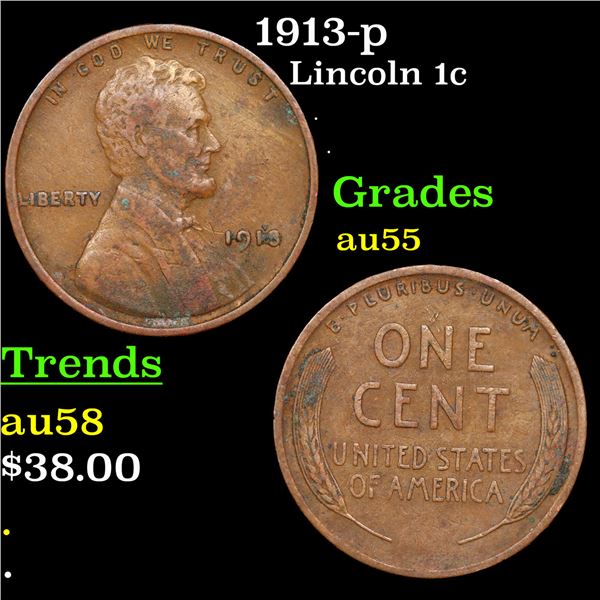 1913-p Lincoln Cent 1c Grades Choice AU