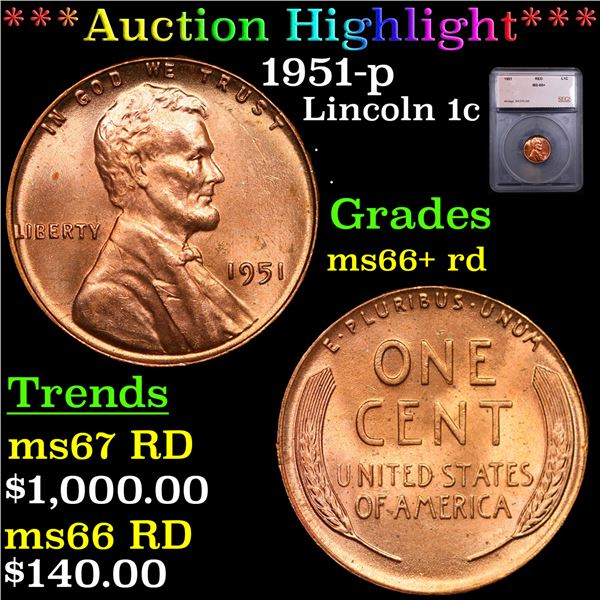 ***Auction Highlight*** 1951-p Lincoln Cent 1c Graded ms66+ rd By SEGS (fc)