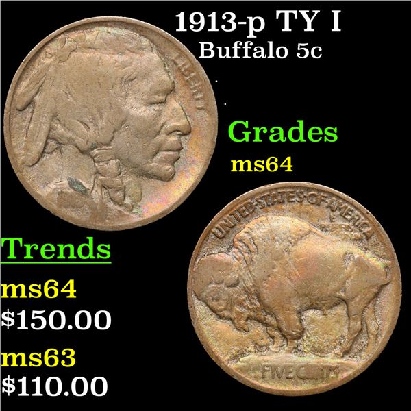 1913-p TY I Buffalo Nickel 5c Grades Choice Unc