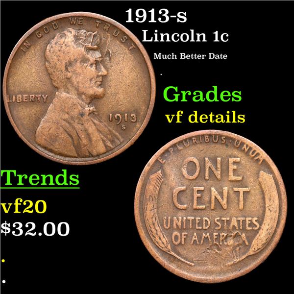 1913-s Lincoln Cent 1c Grades vf details