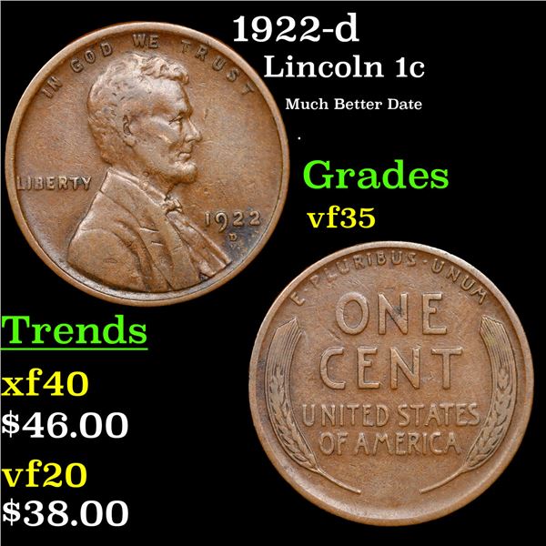 1922-d Lincoln Cent 1c Grades vf++
