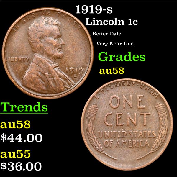 1919-s Lincoln Cent 1c Grades Choice AU/BU Slider