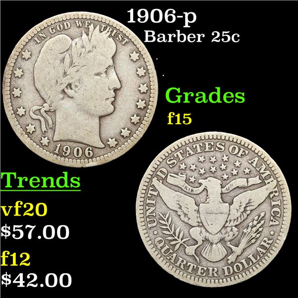 1906-p Barber Quarter 25c Grades f+