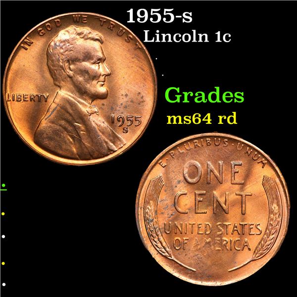 1955-s Lincoln Cent 1c Grades Choice Unc RD