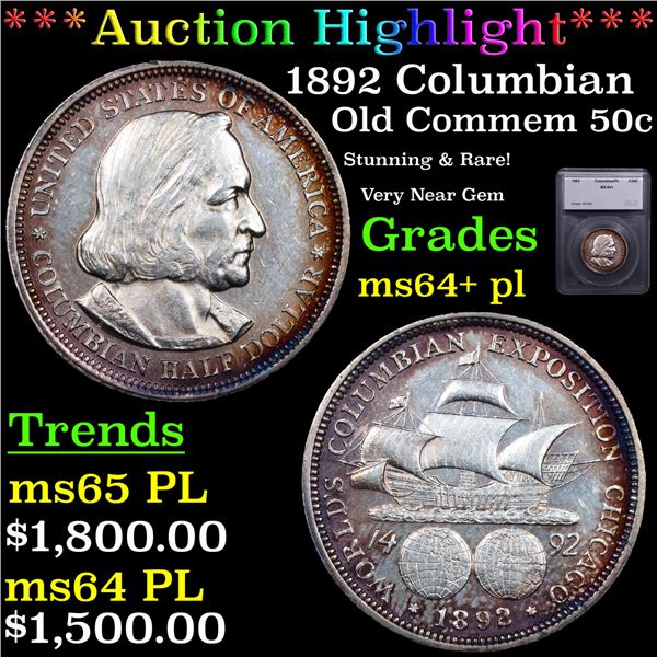 ***Auction Highlight*** 1892 Columbian Old Commem Half Dollar 50c Graded ms64+ pl By SEGS (fc)