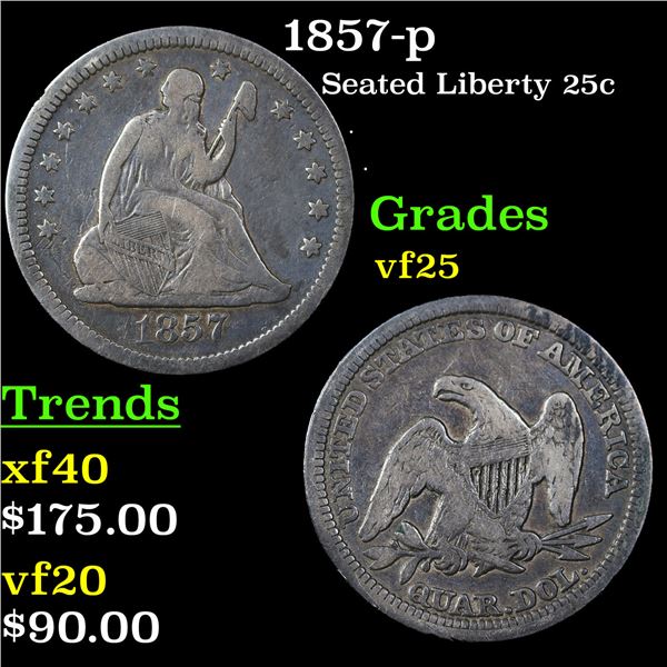 1857-p Seated Liberty Quarter 25c Grades vf+