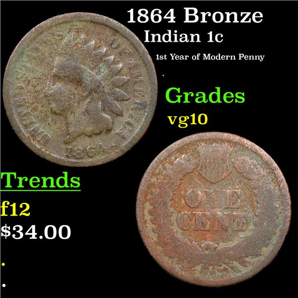 1864 Bronze Indian Cent 1c Grades vg+