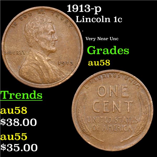 1913-p Lincoln Cent 1c Grades Choice AU/BU Slider