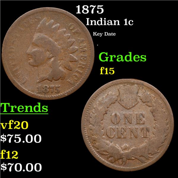 1875 Indian Cent 1c Grades f+