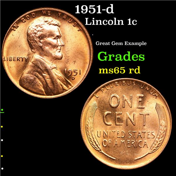 1951-d Lincoln Cent 1c Grades GEM Unc RD
