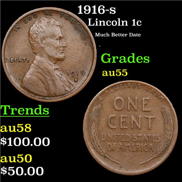1916-s Lincoln Cent 1c Grades Choice AU