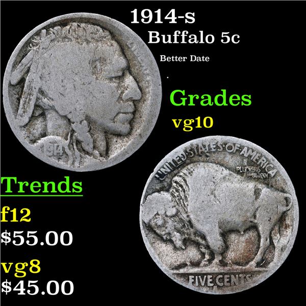 1914-s Buffalo Nickel 5c Grades vg+
