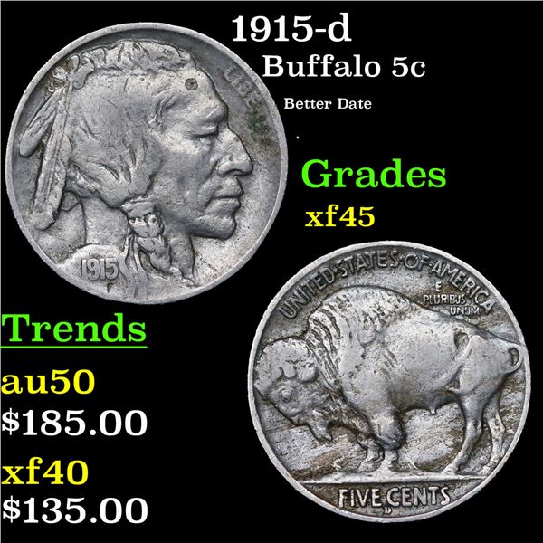 1915-d Buffalo Nickel 5c Grades xf+