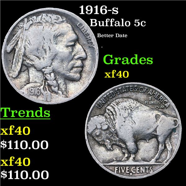 1916-s Buffalo Nickel 5c Grades xf