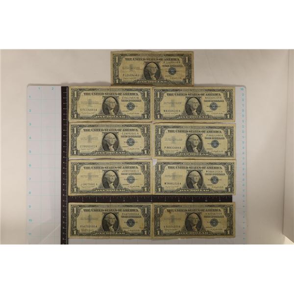 7-1957A & 2-1957B $1 SILVER CERTIFICATES 9 BILLS