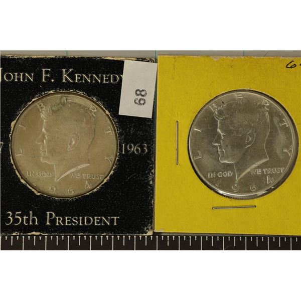 2 90% SILVER 1964-D SILVER KENNEDY HALF DOLLARS 1