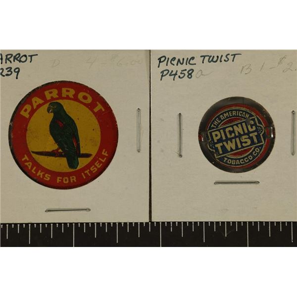 2 VINTAGE COLORIZED TOBACCO TAGS  PARROT TALKS