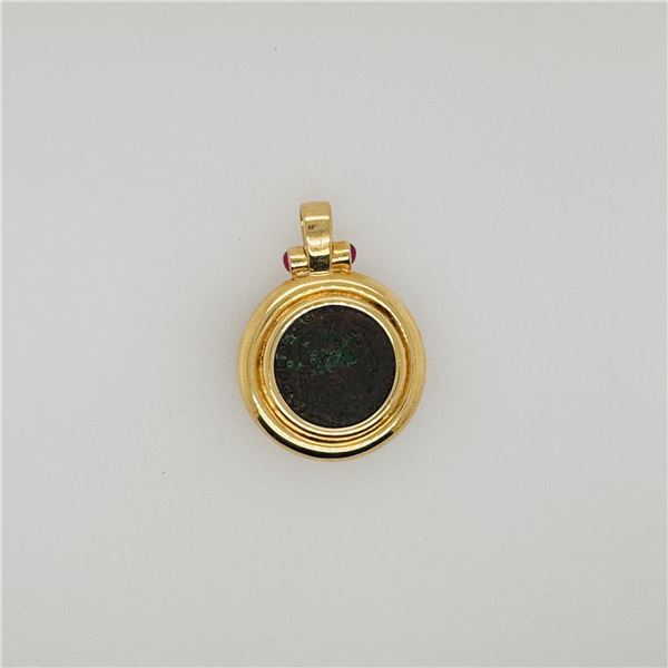 Heavy 18K Yellow Gold Pendant With Rubies & Imperial Roman Copper Coin
