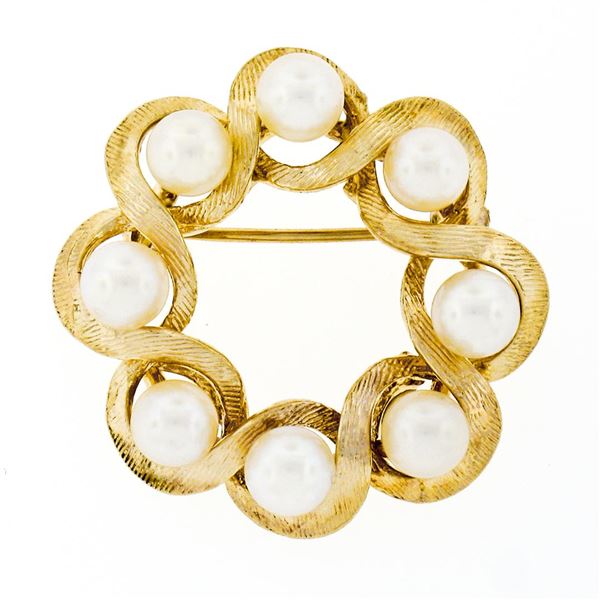 Vintage Textured 14k Yellow Gold 4.8mm Round 8 Cultured Pearl Wreath Brooch Pin