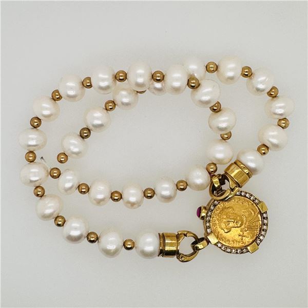 18K Yellow Gold & Pearl Choker with Gold Byzantine Solidus